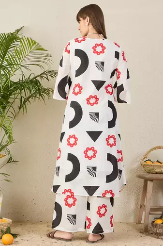 White printed pure cotton kurta trouser set