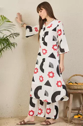 White printed pure cotton kurta trouser set