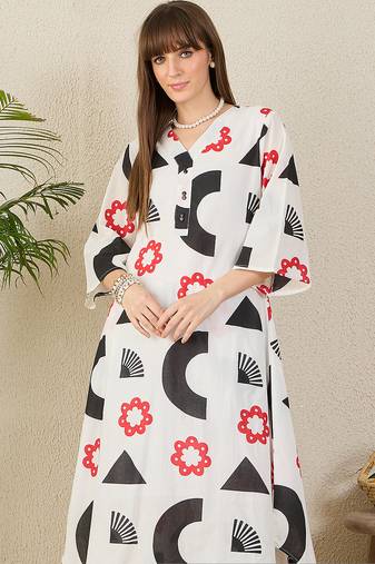 White printed pure cotton kurta trouser set