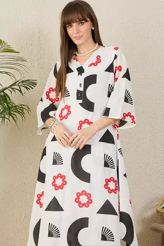 White printed pure cotton kurta trouser set