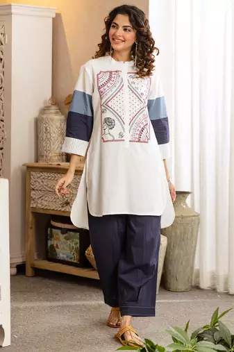 Off white printed pure cotton kurta trouser set