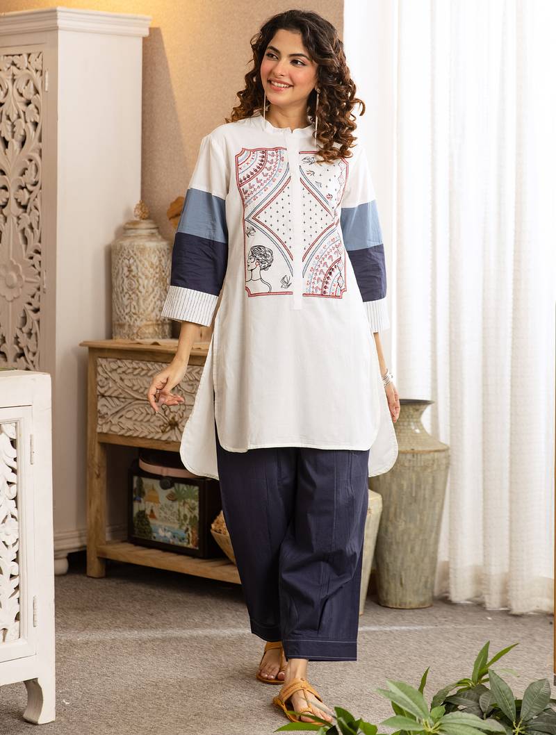 Off white printed pure cotton kurta trouser set