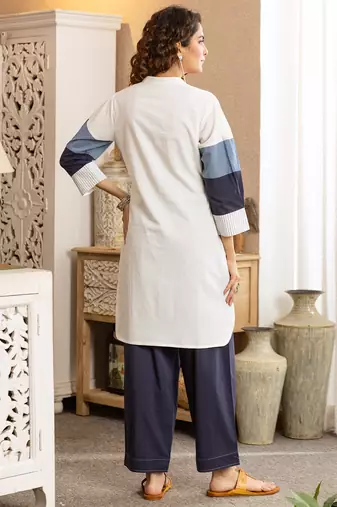 Off white printed pure cotton kurta trouser set