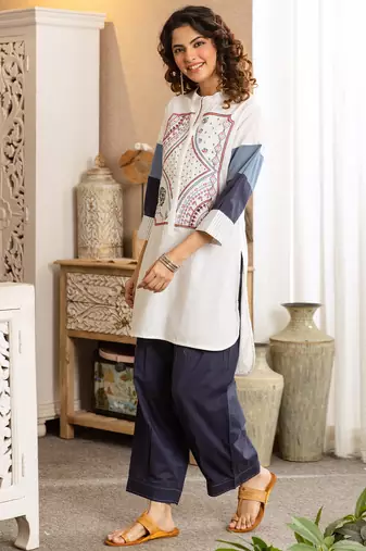 Off white printed pure cotton kurta trouser set