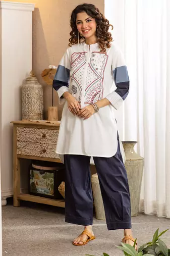 Off white printed pure cotton kurta trouser set