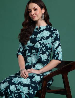 Teal printed viscose rayon kurta trouser set 1