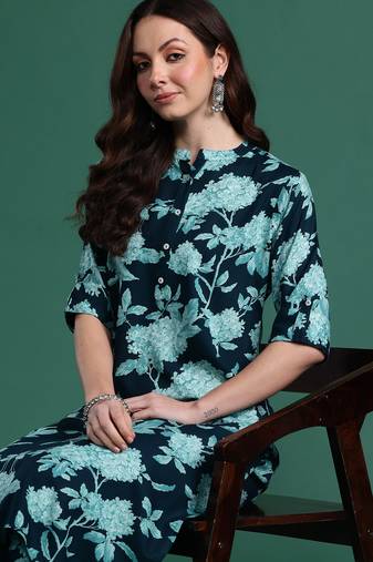Teal printed viscose rayon kurta trouser set