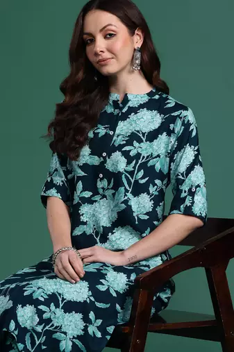 Teal printed viscose rayon kurta trouser set
