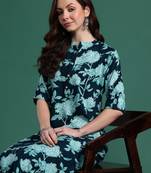 Teal printed viscose rayon kurta trouser set