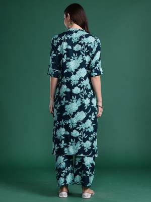 Teal printed viscose rayon kurta trouser set 2