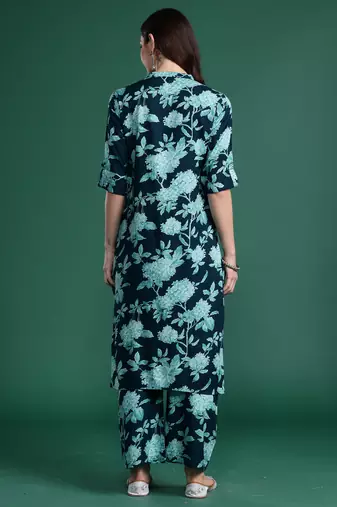 Teal printed viscose rayon kurta trouser set