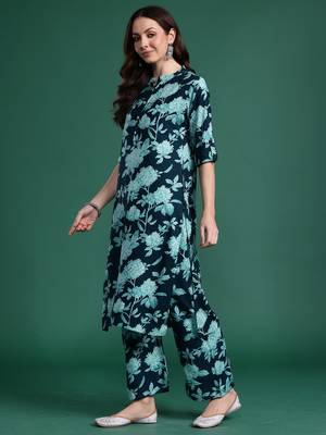 Teal printed viscose rayon kurta trouser set 3