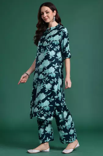 Teal printed viscose rayon kurta trouser set