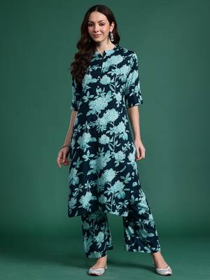 Teal printed viscose rayon kurta trouser set 4