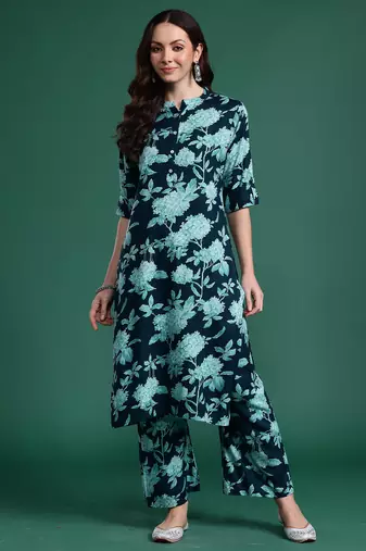 Teal printed viscose rayon kurta trouser set