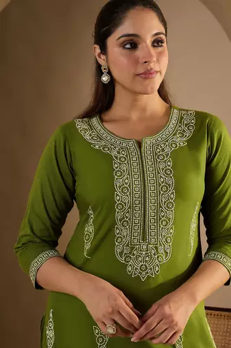 Green embroidered viscose rayon kurta trouser set