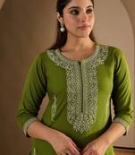 Green embroidered viscose rayon kurta trouser set