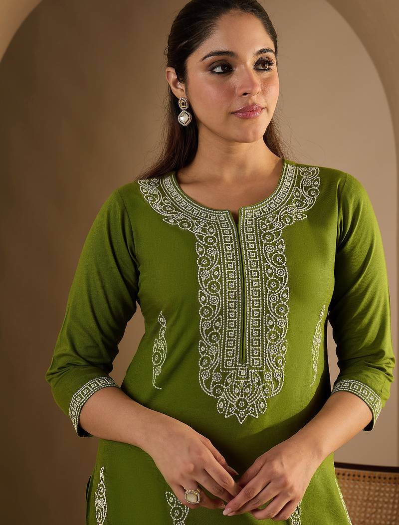 Green embroidered viscose rayon kurta trouser set