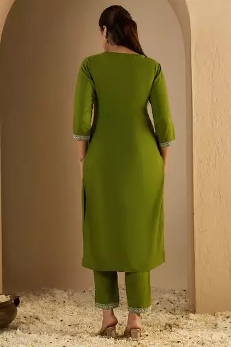 Green embroidered viscose rayon kurta trouser set