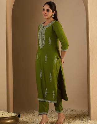 Green embroidered viscose rayon kurta trouser set 3