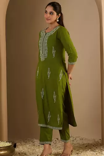 Green embroidered viscose rayon kurta trouser set