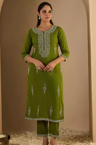 Green embroidered viscose rayon kurta trouser set