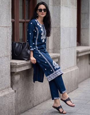 Blue embroidered viscose rayon kurta trouser set 1