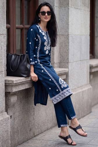 Blue embroidered viscose rayon kurta trouser set