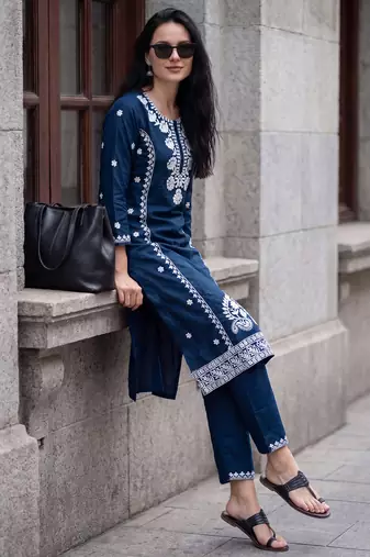 Blue embroidered viscose rayon kurta trouser set