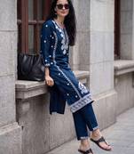 Blue embroidered viscose rayon kurta trouser set