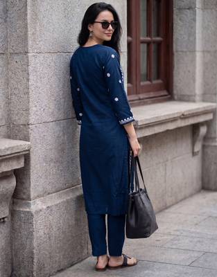 Blue embroidered viscose rayon kurta trouser set 3