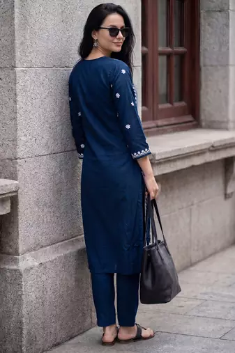 Blue embroidered viscose rayon kurta trouser set