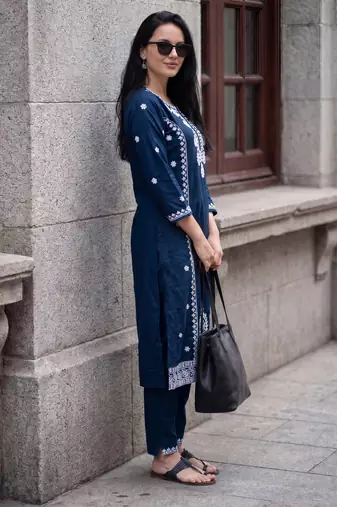Blue embroidered viscose rayon kurta trouser set