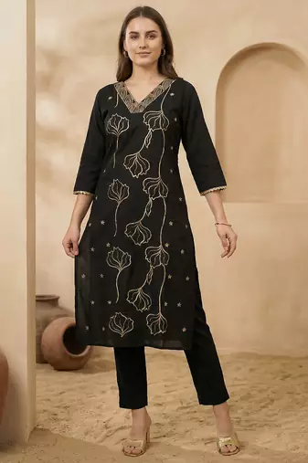 Black printed silk kurta trouser set