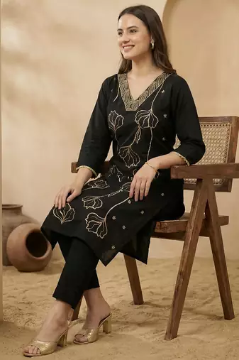 Black printed silk kurta trouser set