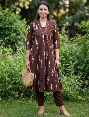 Brown printed pure cotton kurta trouser set 1