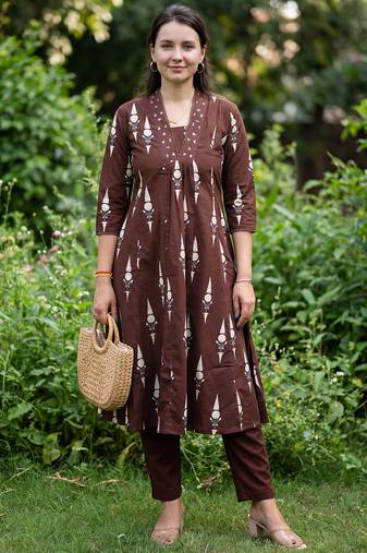Brown printed pure cotton kurta trouser set