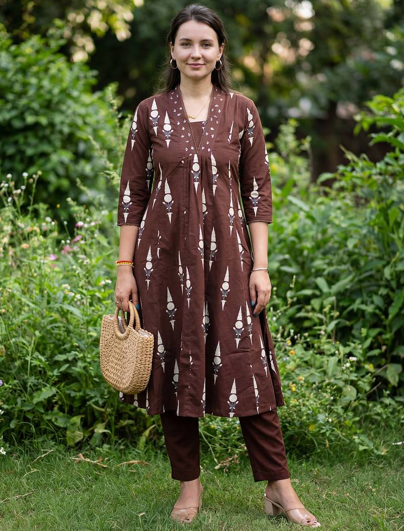 Brown printed pure cotton kurta trouser set