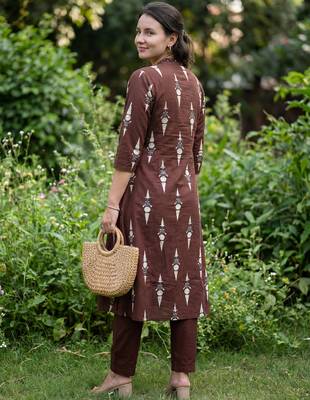 Brown printed pure cotton kurta trouser set 2