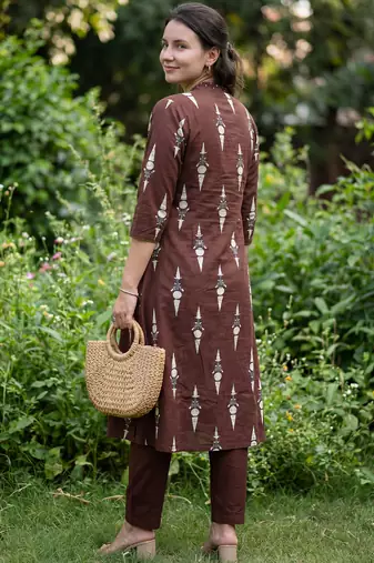 Brown printed pure cotton kurta trouser set