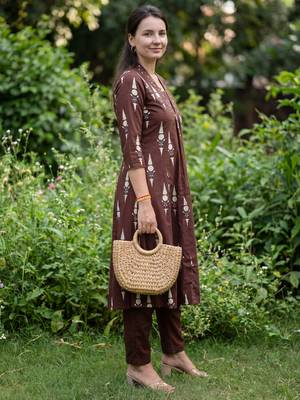 Brown printed pure cotton kurta trouser set 3