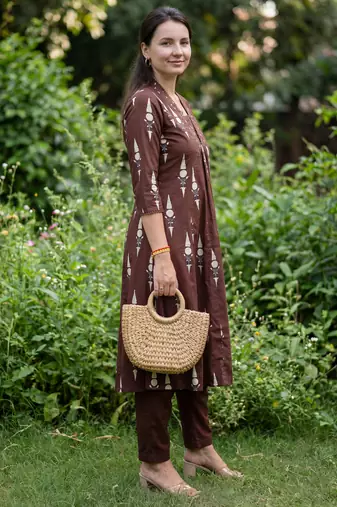 Brown printed pure cotton kurta trouser set