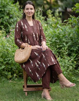 Brown printed pure cotton kurta trouser set 4