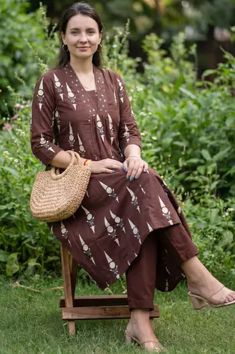 Brown printed pure cotton kurta trouser set