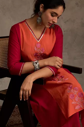 Pink embroidered silk kurta trouser set