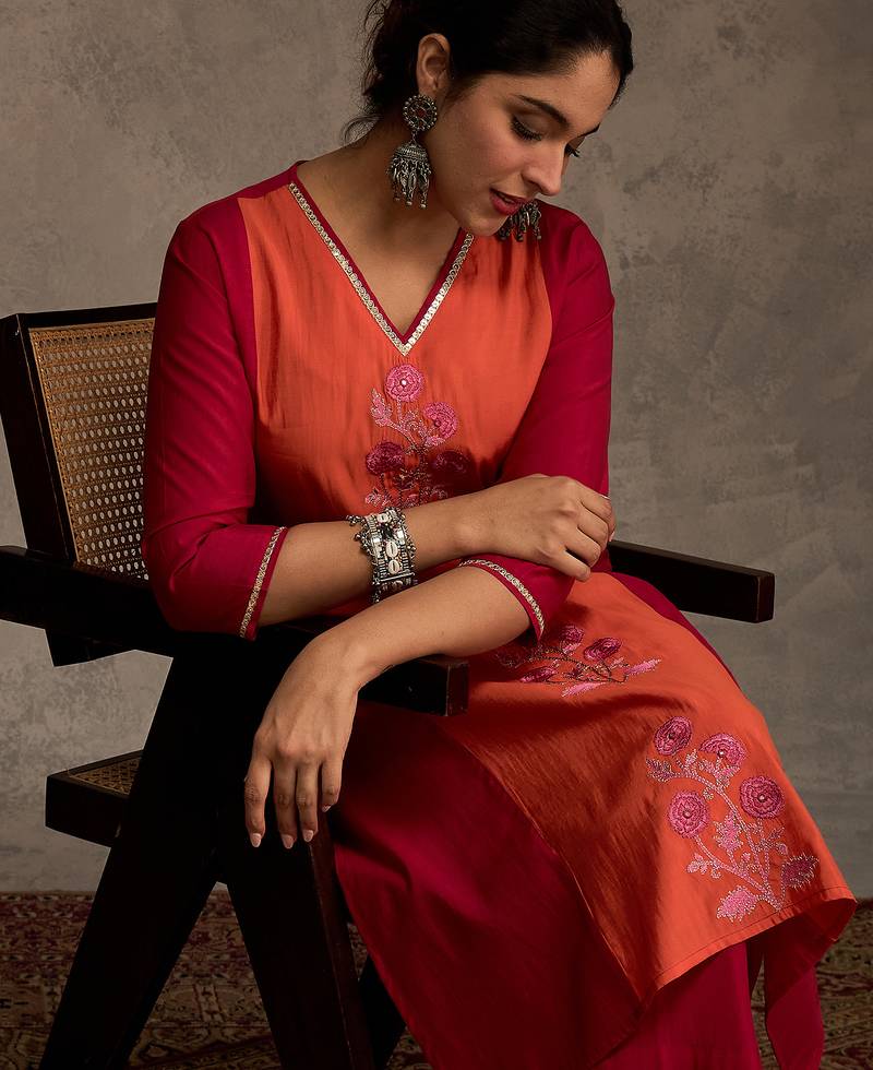 Pink embroidered silk kurta trouser set