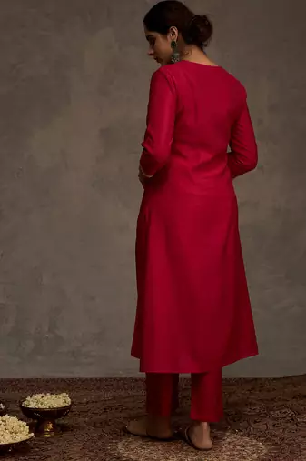 Pink embroidered silk kurta trouser set