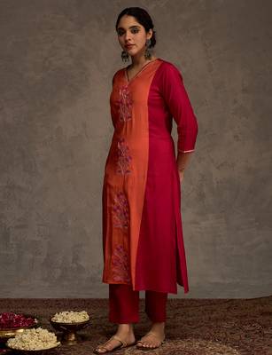 Pink embroidered silk kurta trouser set 3