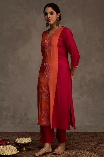 Pink embroidered silk kurta trouser set
