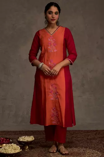 Pink embroidered silk kurta trouser set